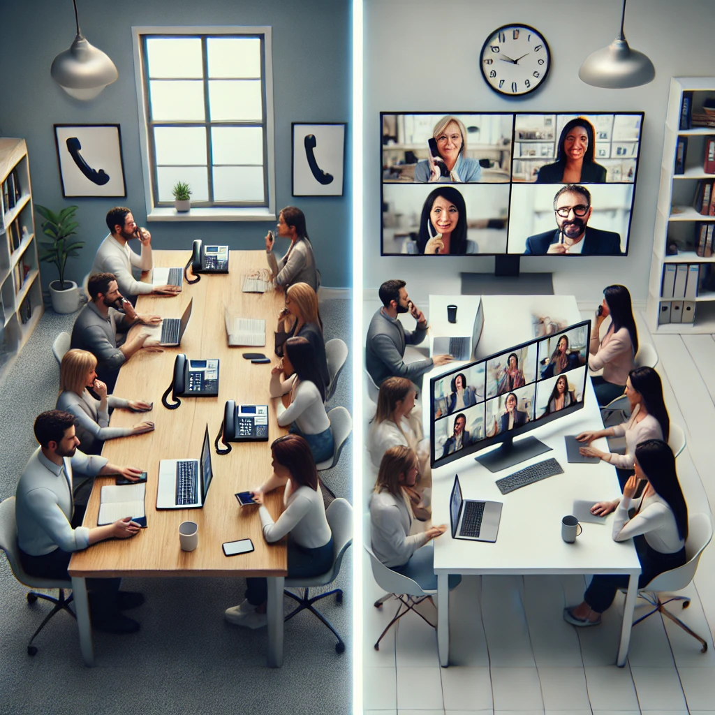 Comparison of telephone conference vs. video conference: People use telephones on the left and video conferencing devices on the right.